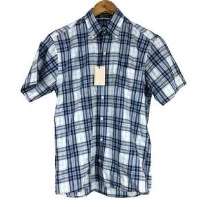 Peter Millar Crown NWT Short Sleeve Blue Plaid Button Up Shirt Men's Size Small